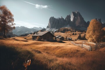 Autumnal alpine landscape with mountain range, hiking trails, and wooden chalets in Dolomites' Alpe di Siusi, Seiser Alm, and Langkofel. Generative AI