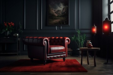 Mockup of black-toned living room with red leather armchair against dark wall. Generative AI