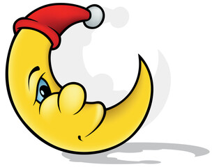 Smiling Crescent Moon with a Red Cap with a White Pompom
