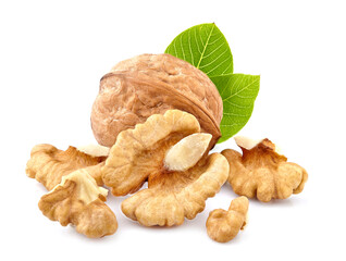 Walnuts in closeup with leaves on white background