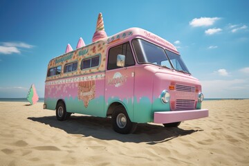 Pink and blue retro ice cream truck on beach, created using generative ai technology