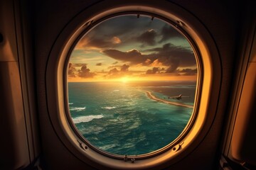 Sky with clouds and sunset seen through airplane window, created using generative ai technology