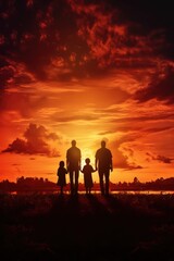 Fototapeta premium Silhouette of male gay couple with two daughters at sunset, created using generative ai technology