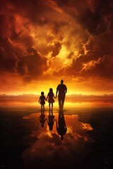 Silhouette of father with two daughters at sunset, created using generative ai technology