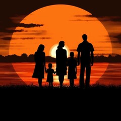 Silhouette of couple with three daughters at sunset, created using generative ai technology