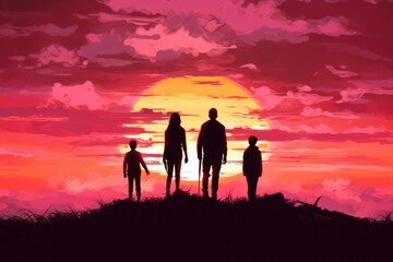 Silhouette of couple with son and daughter at sunset, created using generative ai technology