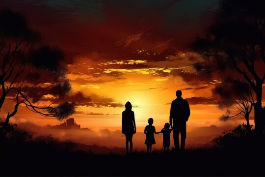 Silhouette of couple with son and daughter at sunset, created using generative ai technology