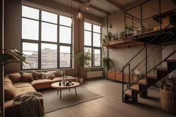 General view of modern loft apartment with large windows, created using generative ai technology