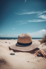 Close up of sunhat in sand on sunny day, created using generative ai technology