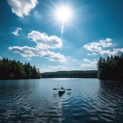 Fototapeta na wymiar Rear view of man in kayak on calm lake with clear blue sky, created using generative ai technology