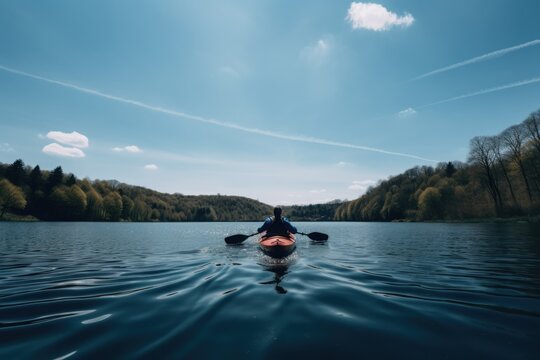 Rear view of man in kayak on calm lake with clear blue sky, created using generative ai technology