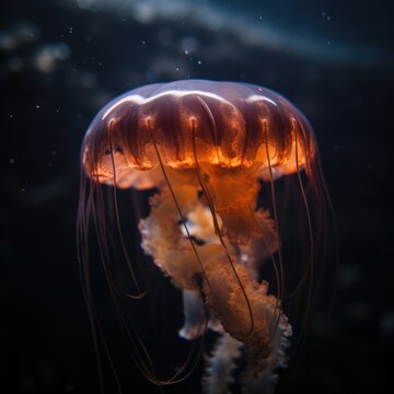 Close up of orange glowing jellyfish underwater, created using generative ai technology