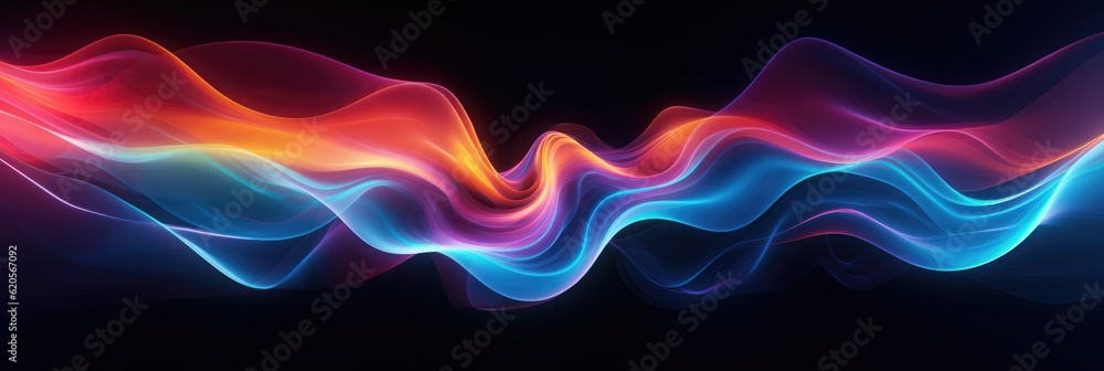 Wall mural multi coloured neon waves on black background, created using generative ai technology