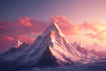 General view of mountain peak and pink clouds, created using generative ai technology