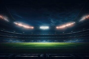Fototapeta na wymiar Lit empty football stadium at night, created using generative ai technology