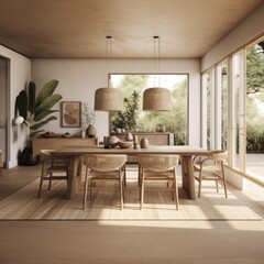 Fototapeta premium Dining room interior with table plants and decorations created using generative ai technology