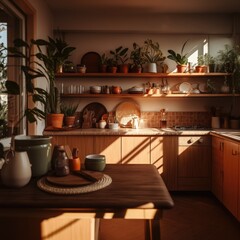 Obraz na płótnie Canvas Kitchen interior with plants, decorations and equipment created using generative ai technology