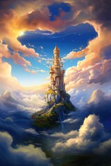 Obraz premium Tower over blue sky with clouds, created using generative ai technology
