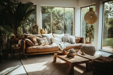 Living room interior with sofa, plants and decorations created using generative ai technology