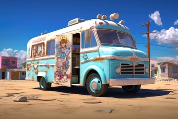 Blue retro ice cream truck in town, created using generative ai technology