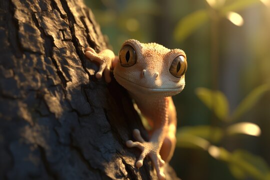 Close up of cute gecko on branch in nature, created using generative ai technology