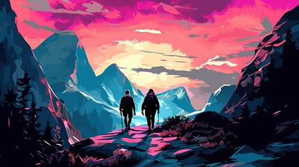Fototapeta premium Silhouettes of hiking and mountain climbing. Color drawing.