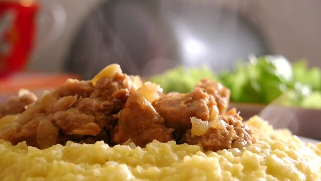 Hot tasty Pilaf (meat of a ram paella) in plate and green lettuce in table