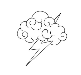 Vector isolated one single cloud with thunderstorm lightning with curlicues colorless black and white contour line easy drawing
