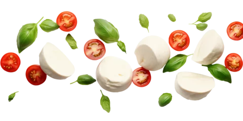 Foto op Plexiglas Falling slices of mozzarella, tomatoes and basil, isolated on transparent or white background, png © Medard