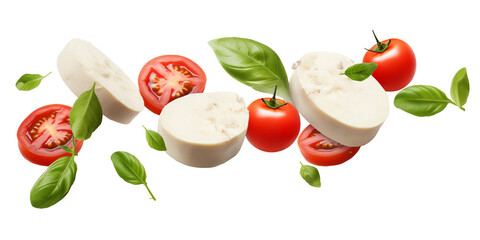 Falling slices of mozzarella, tomatoes and basil, isolated on transparent or white background, png