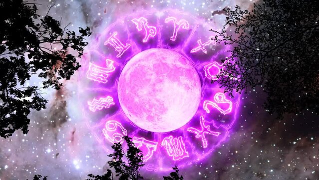 super full pink moon and 12 zodiac sign border fire bolt effect rotate over silhouette branch tree on the space and carina nebula background