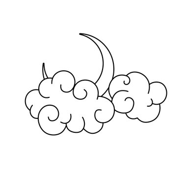 Vector isolated two clouds with moon curlicues colorless black and white contour line easy drawing