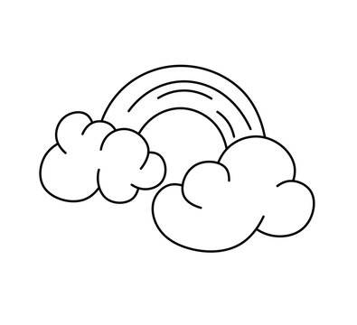 Vector isolated two clouds with rainbow curlicues colorless black and white contour line easy drawing