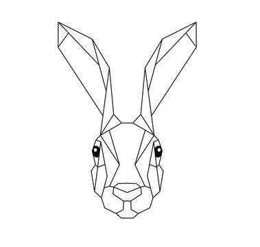 Vector isolated one single origami polygonal rabbit hare bunny head front view colorless black and white contour line easy drawing