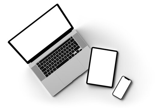 Laptop, Smartphone, Tablet mockup isolated with transparent screen and shadows png	
