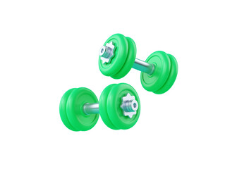 Dumbbell 3d render icon - green fitness equipment, simple gym barbell and fit execise accessories for muscle
