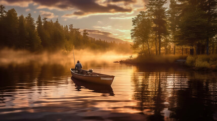 Fototapeta na wymiar Sunrise Serenity: Fisherman's Delight in a Scenic Wooden Boat - Generative AI