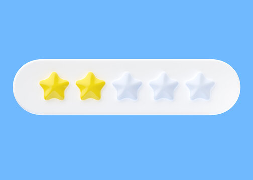 Review 3d render icon - 2 gold star customer bad quality review, rate experience service cartoon illustration