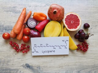 Foods rich in lycopene with structural chemical formula of lycopene molecule. Natural food sources...