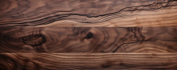 Walnut dark brown wood texture detailed background, panorama. Generative Ai.