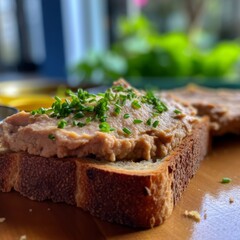 p&acirc;t&eacute; spread on a piece of fresh, crusty bread with a sprig of parsley on top