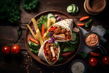 Chicken shawarma wrap with veggies and fries on a dark plate. Overhead view with space for text. Generative AI