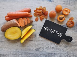 Food rich in beta carotene with text Beta Carotene. Various fruits and vegetables as natural...
