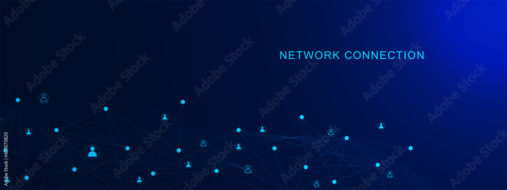 Poster customer network connection concept with connecting dots and lines and people icons. global communic