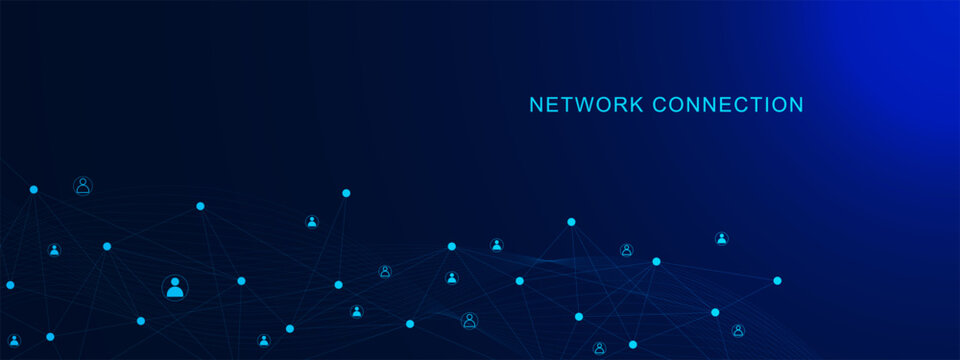 Customer network connection concept with connecting dots and lines and people icons. Global communication technology background.