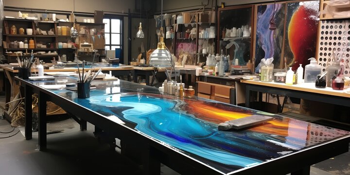 modern studio workshop room for creating glass fabrication epoxy resin 