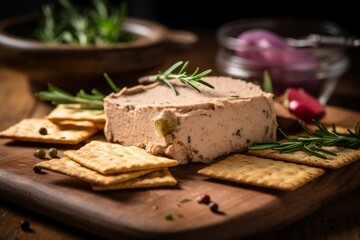 pâté garnished with herbs and served with crackers on a rustic wooden board