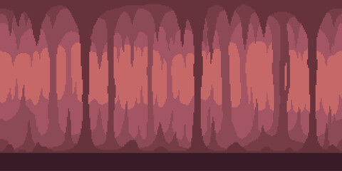 Colorful simple vector pixel art horizontal illustration of red dark cave of stalagmites and stalactites in the style of retro platformer video game level