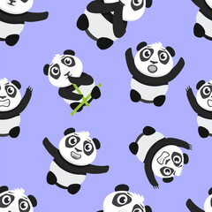 cartoon baby pandas in different poses, seamless pattern. cute, hand-drawn, flat pandas. aggressive, funny, scared, happy, pandas. vector cartoon pattern.