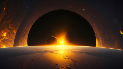 sunrise over a group of planets in the vastness of space